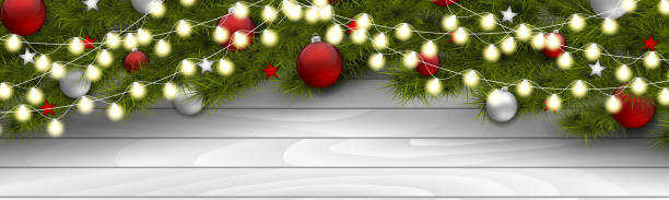 Christmas banner. Green fir tree branches with decoration - glass balls and glowing lights garland over wooden rustic board planks. Website header. Realistic vector illustration.